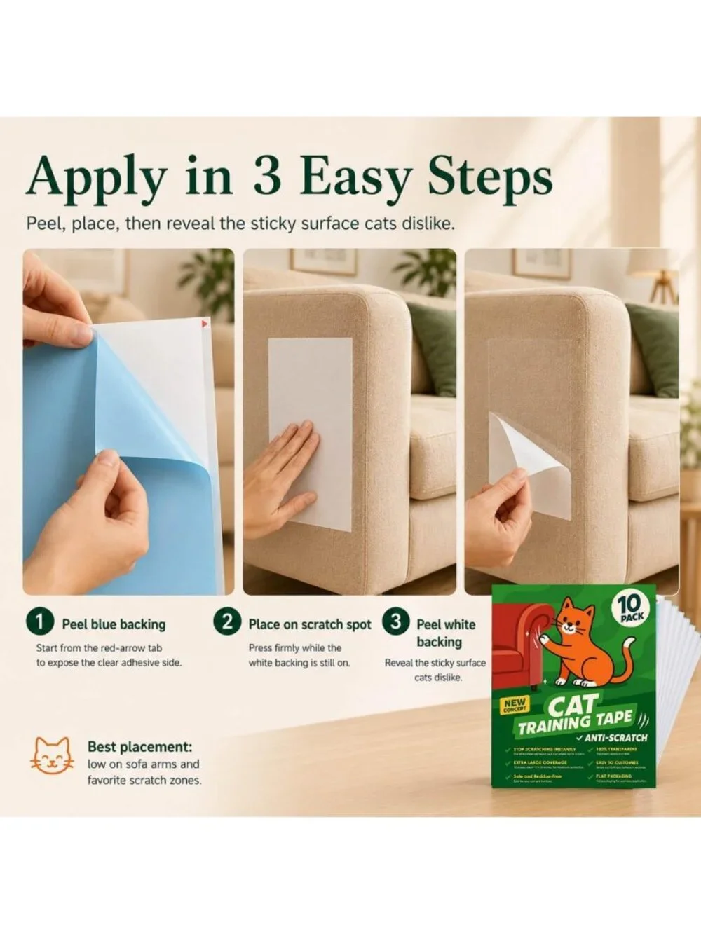 Double-Sided Cat Scratch Deterrent Tape – 10 Anti-Scratch Sticky Strips for